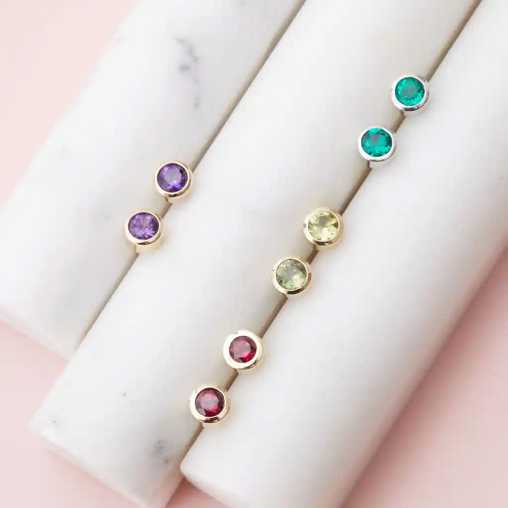 Birthstone stud earrings with natural birthstone bezel-set in 14K gold