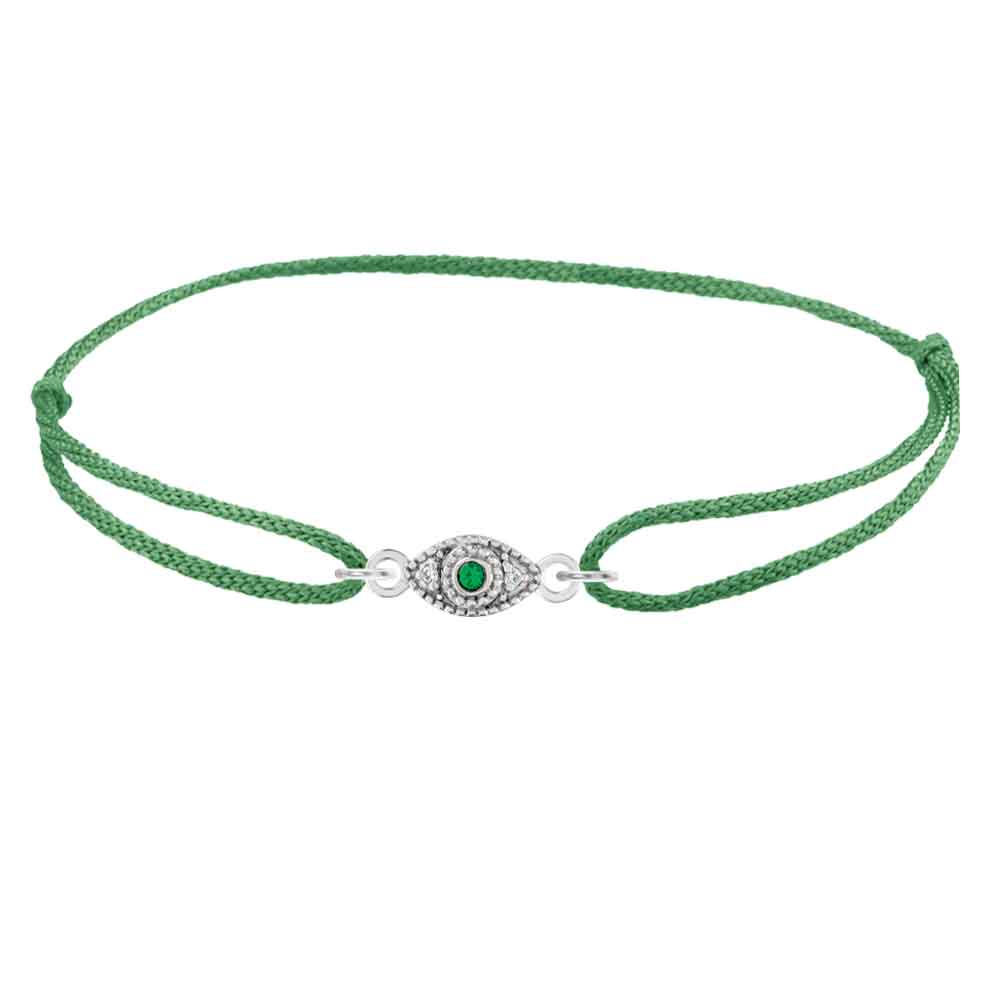 Lightweight evil eye charm bracelet on silk cord white gold variant--Emerald variant--14K-white-gold