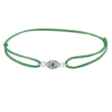 Lightweight evil eye charm bracelet on silk cord white gold variant--Emerald variant--14K-white-gold