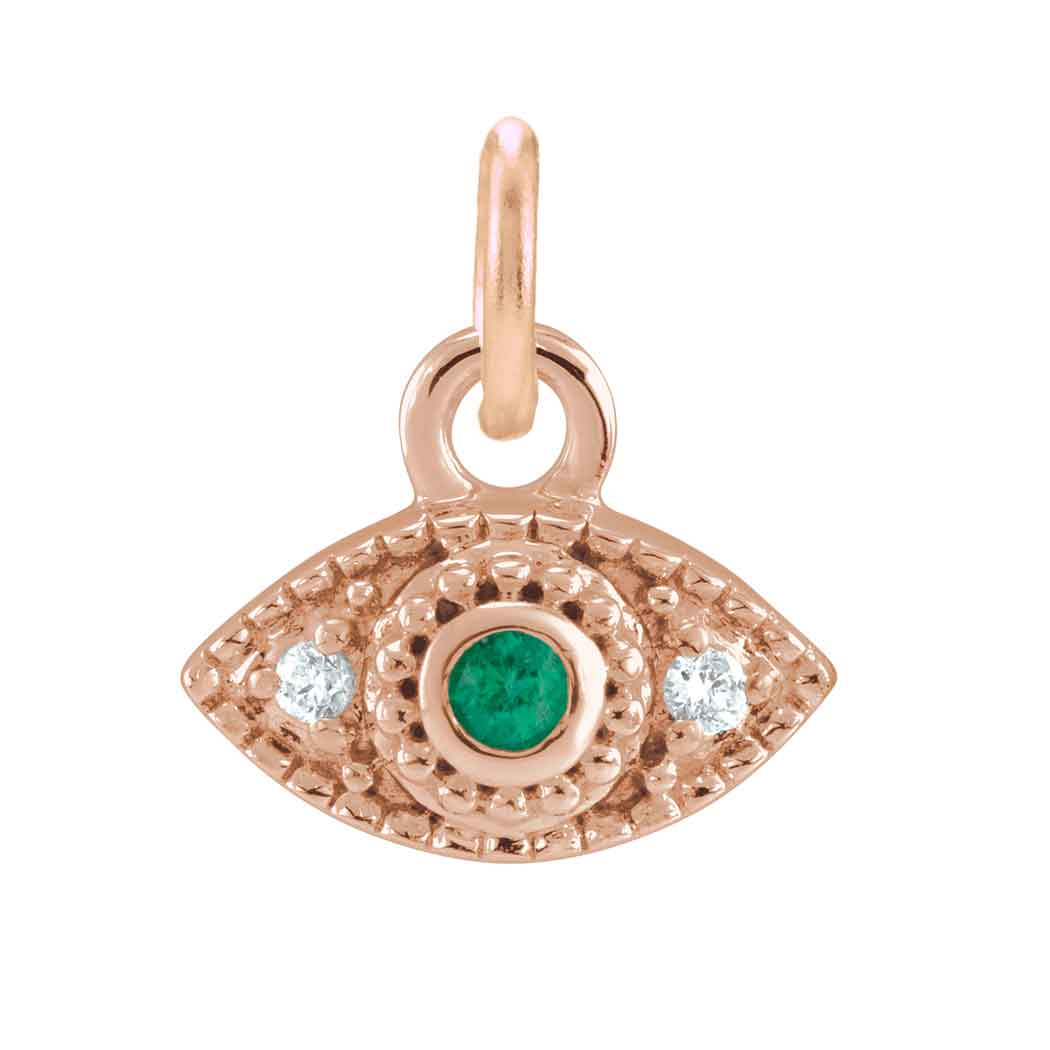 Tiny diamond evil eye charm in 14K gold, in white gold variant--Emerald variant--14K-rose-gold