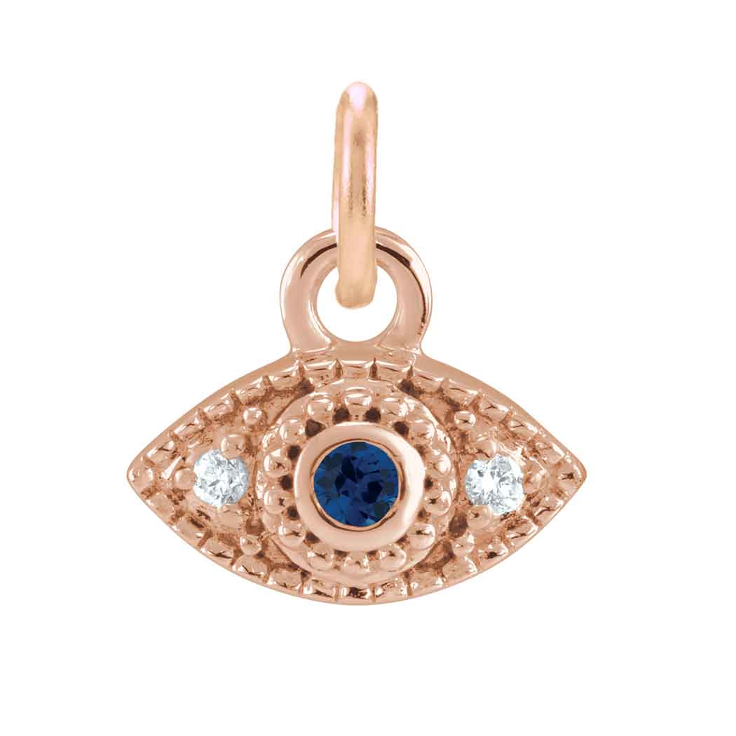 Tiny diamond evil eye charm in 14K gold, close-up of diamond variant--Sapphire variant--14K-rose-gold