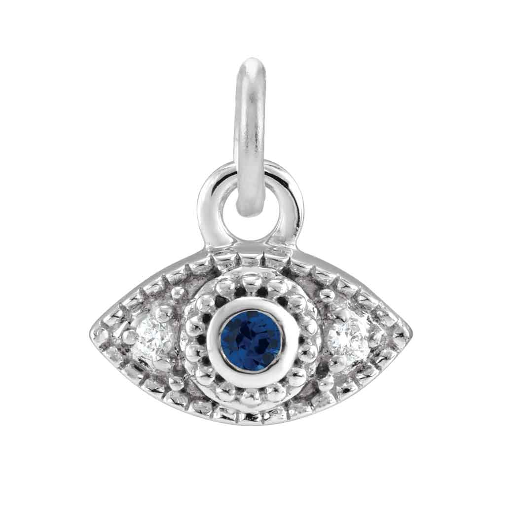 Tiny diamond evil eye charm in 14K gold, on model variant--Sapphire variant--14K-white-gold