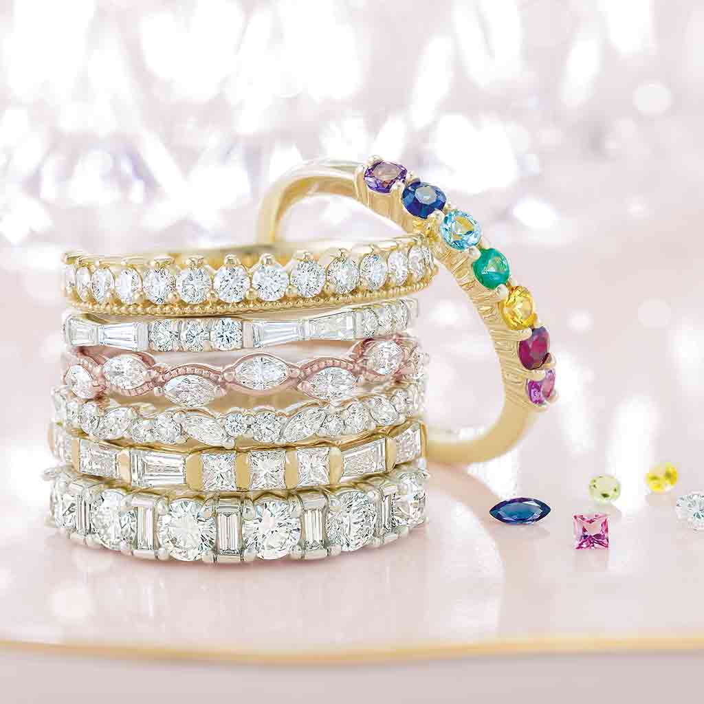 French-set diamond band editorial view showing tapered baguette setting detail
