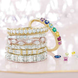 French-set diamond band editorial view showing tapered baguette setting detail