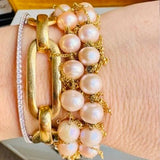 Fringe stretch bracelet with gemstone beads and gold-fill fringe, close-up of gemstone beads variant--Pearl
