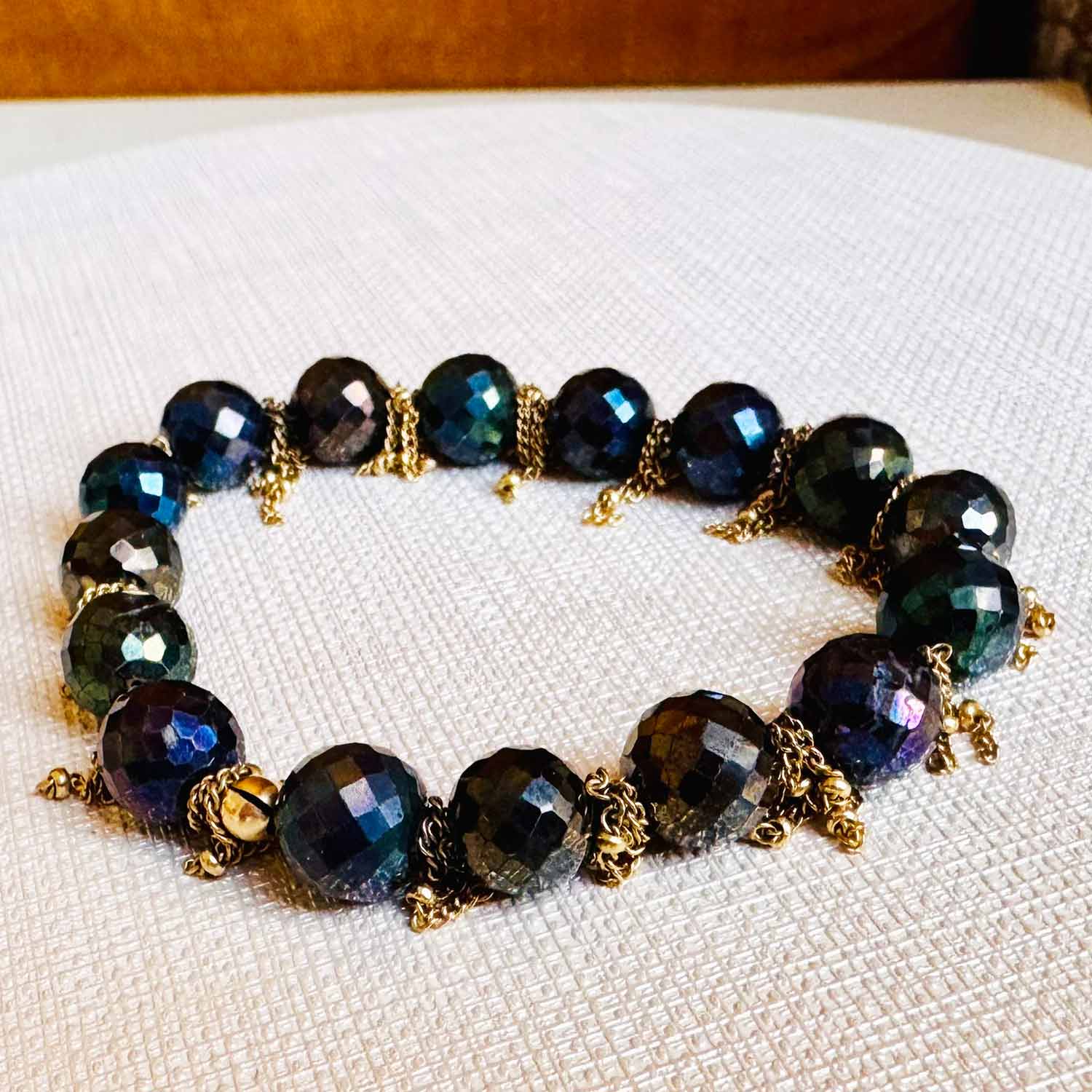 Fringe stretch bracelet with gemstone beads and gold-fill fringe, showing gold-fill fringe detail Tourmaline variant--Black-Tourmaline