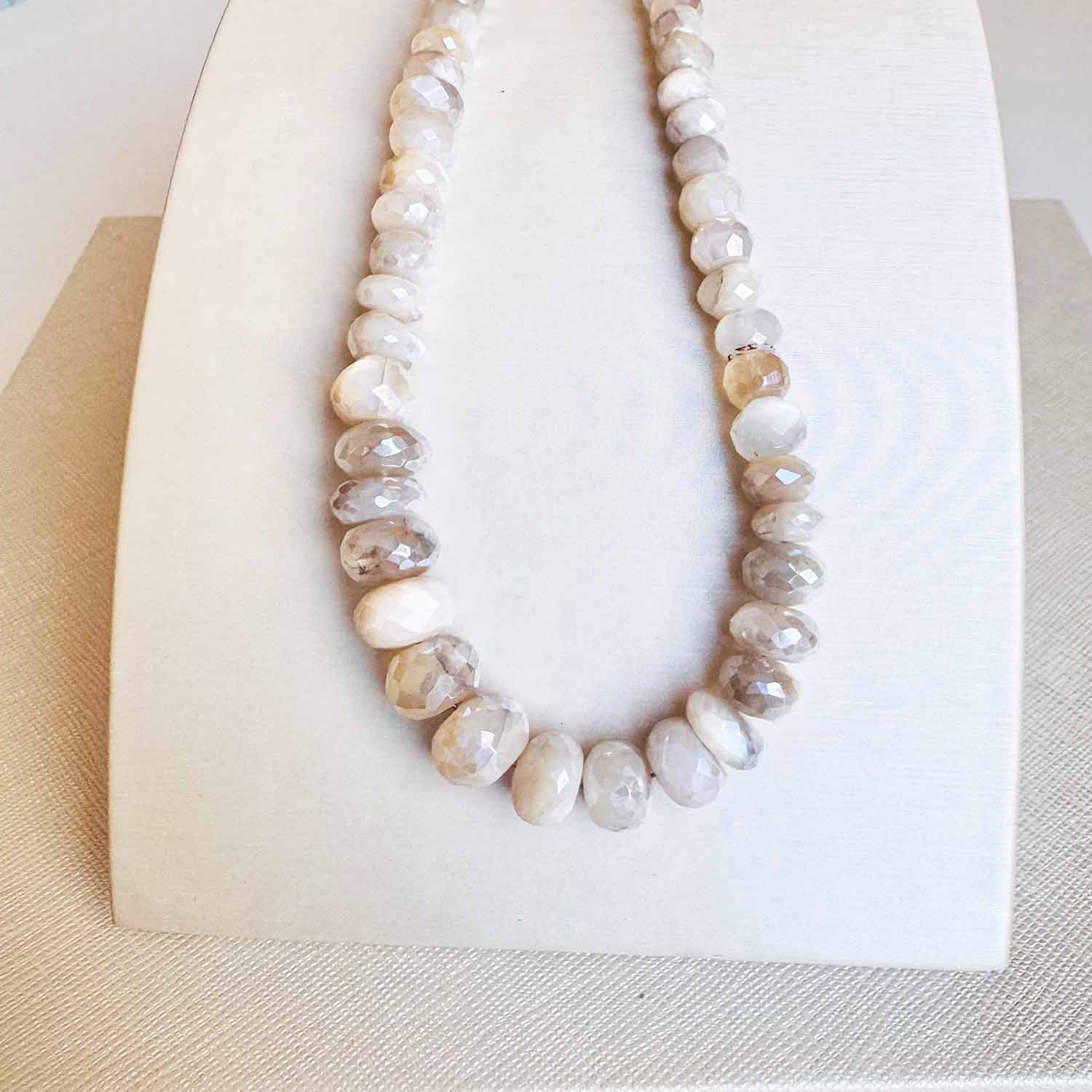 Grey sapphire bead strand necklace in gold-fill, detail of natural grey tones variant--Grey-Sapphire