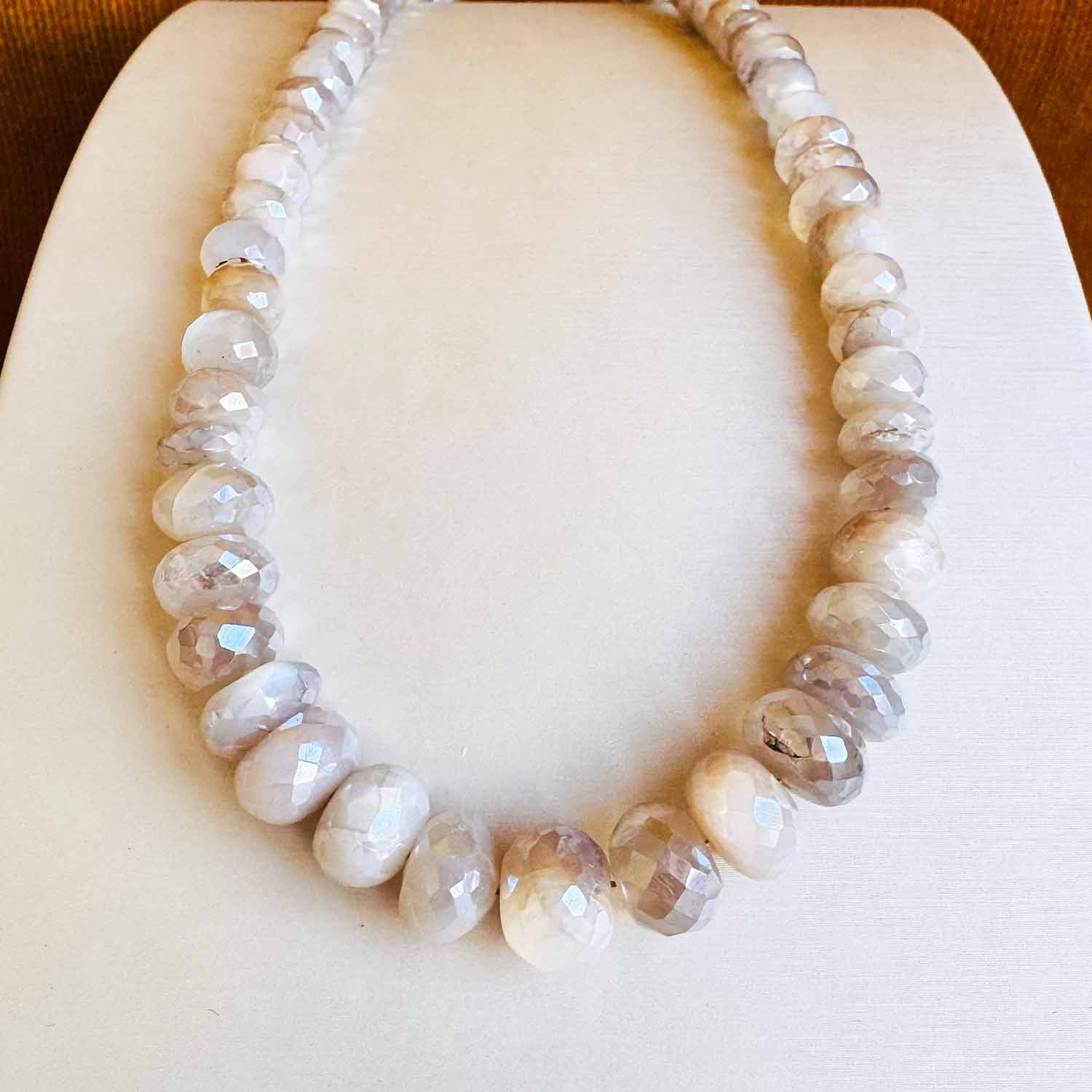 Grey sapphire beaded necklace, close-up of sophisticated smoky sapphire beads variant--Grey-Sapphire