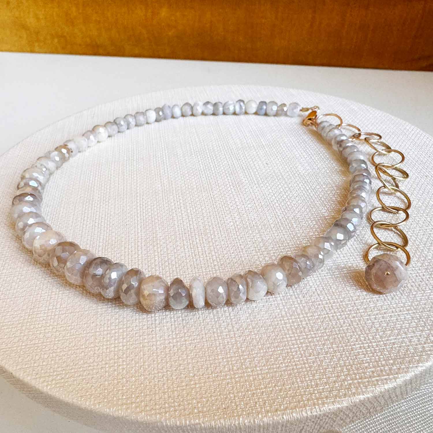 Grey sapphire beaded necklace, full strand view showing tonal variation variant--Grey-Sapphire
