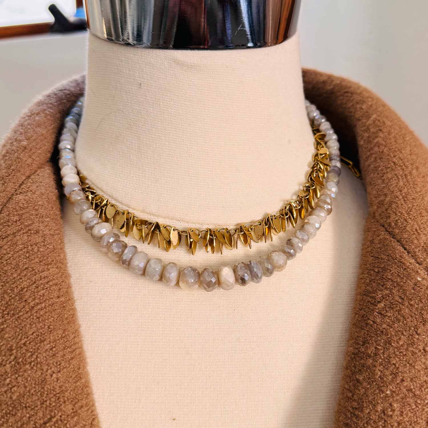 Grey sapphire beaded necklace on model, understated modern styling variant--Grey-Sapphire