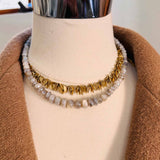 Grey sapphire beaded necklace on model, understated modern styling variant--Grey-Sapphire
