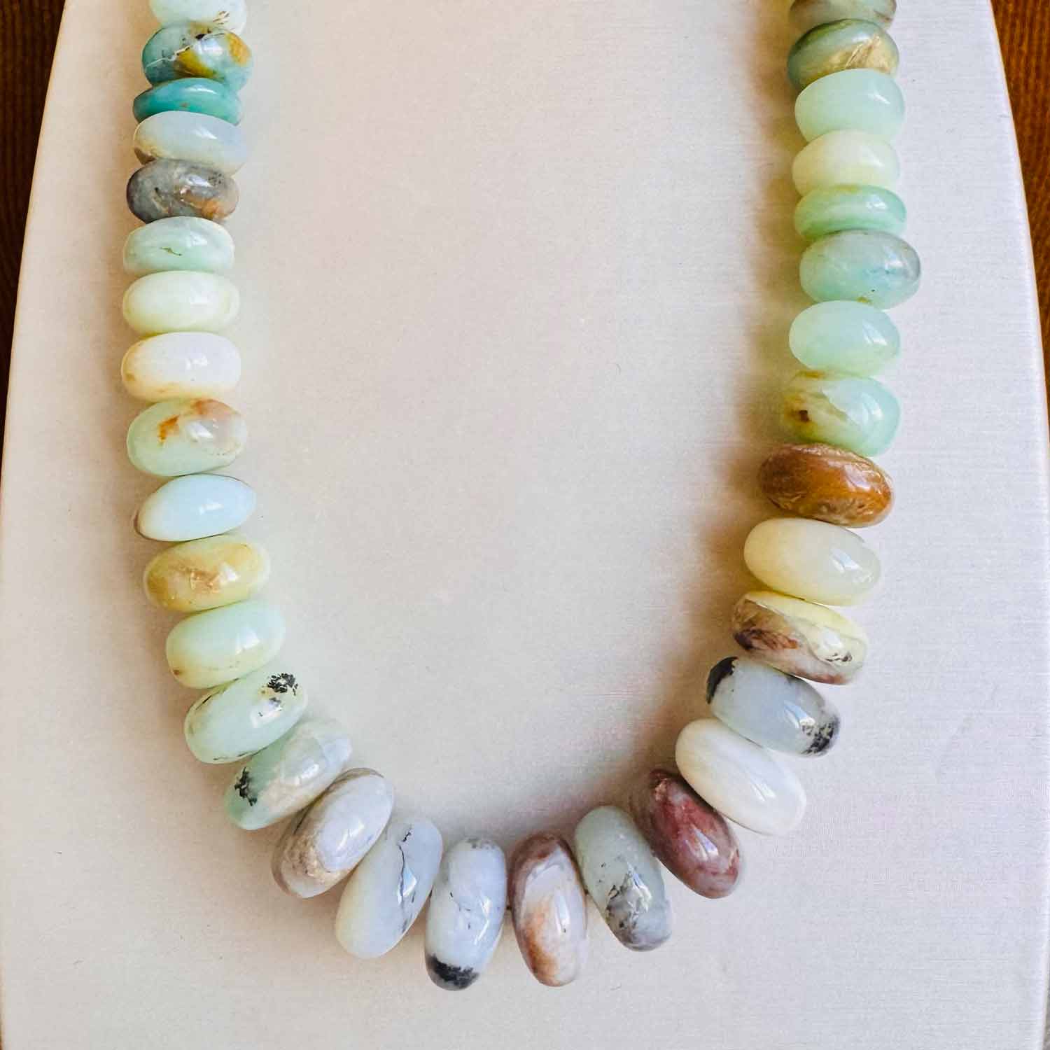 Peruvian opal beaded necklace in gold-fill, close-up of iridescent blue-green opal beads variant--Opal