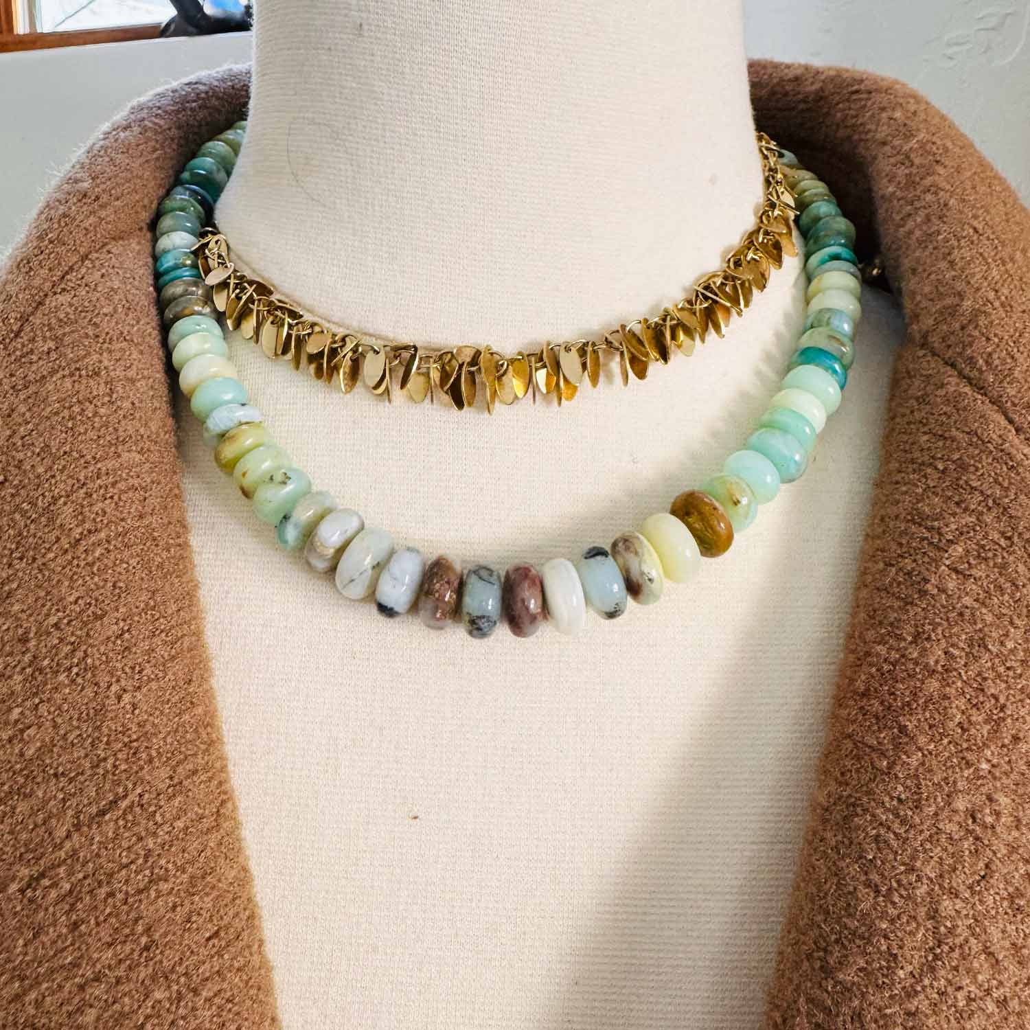 Peruvian opal beaded necklace on model, showing adjustable length at collarbone variant--Opal