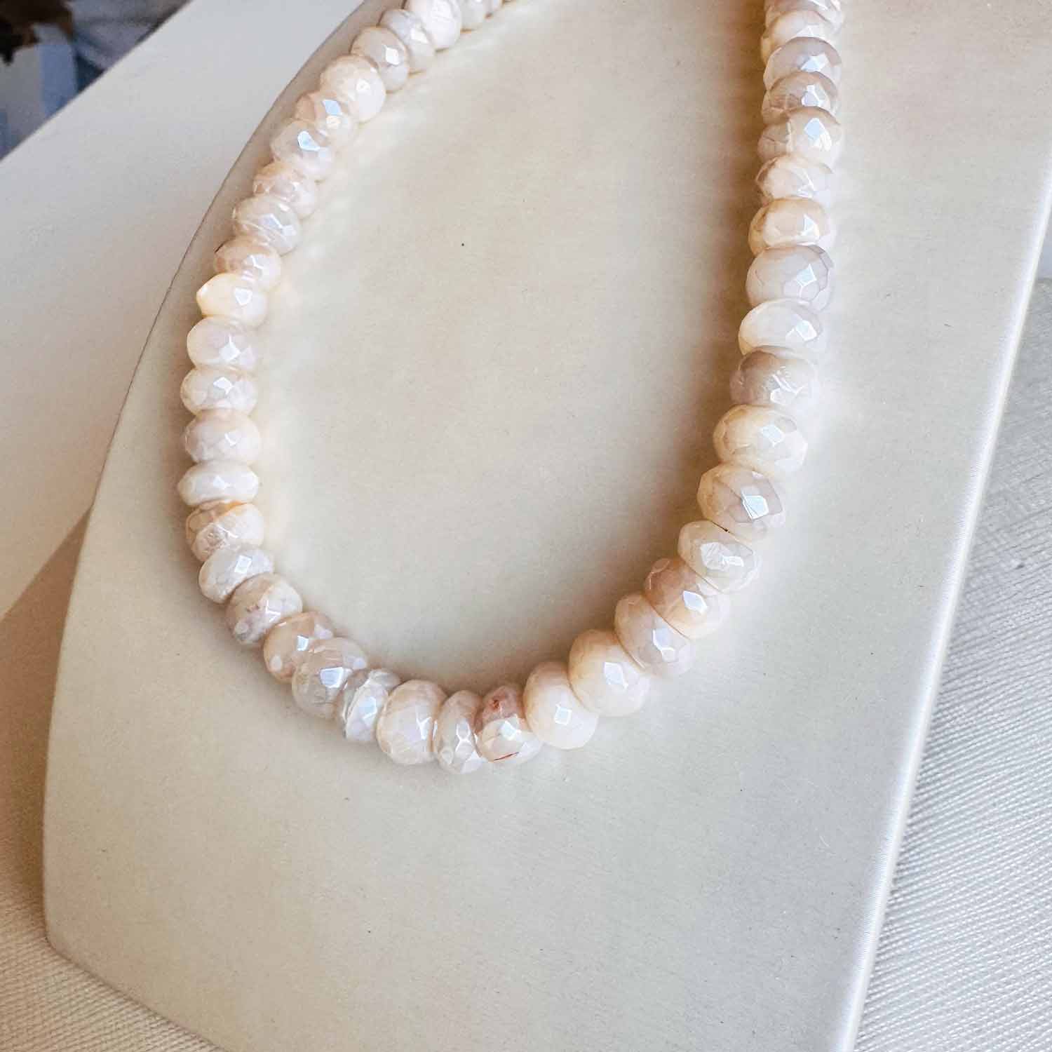 White sapphire beaded necklace in gold-fill, close-up of faceted white sapphire beads variant--White-Sapphire