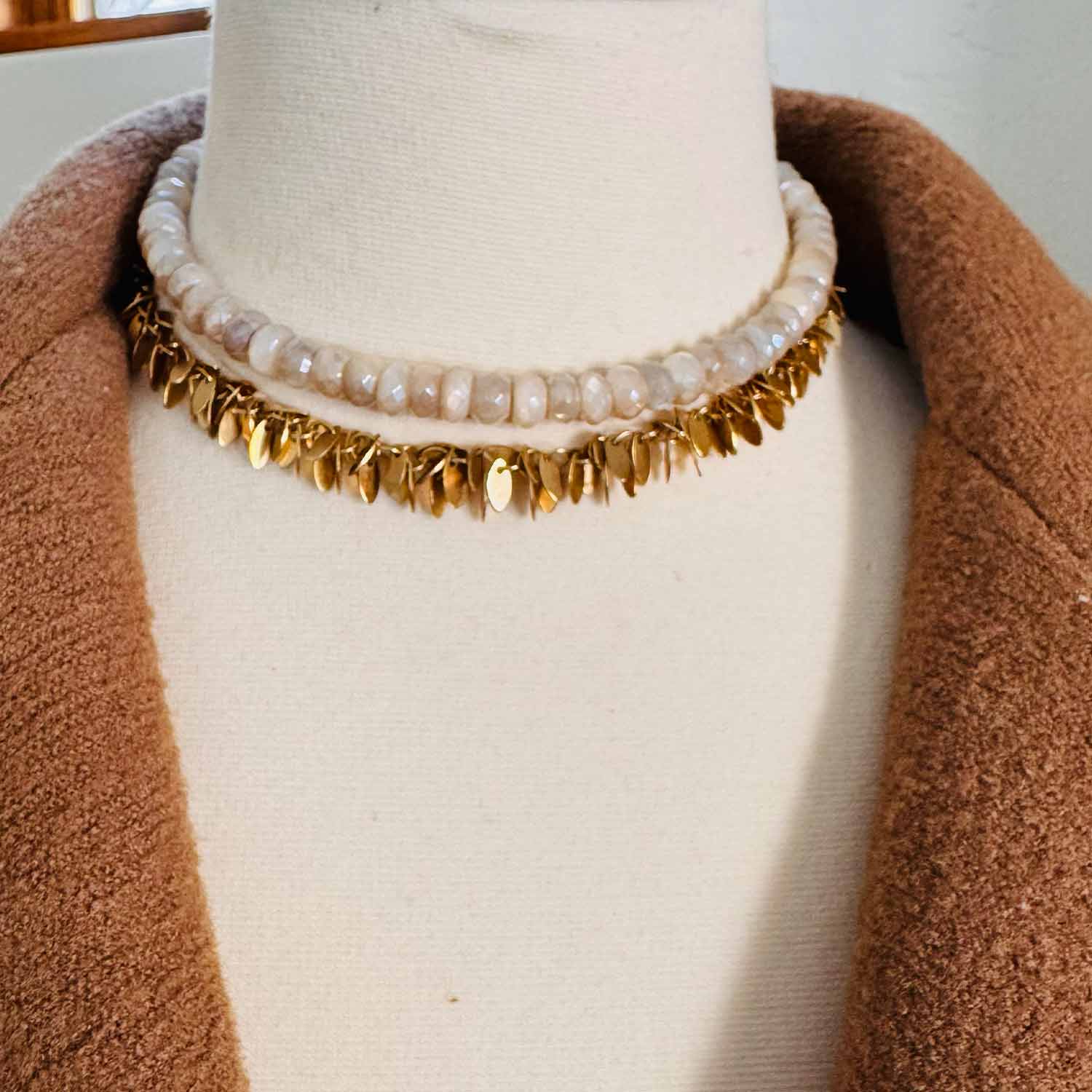 White sapphire beaded necklace on model, elegant everyday styling variant--White-Sapphire