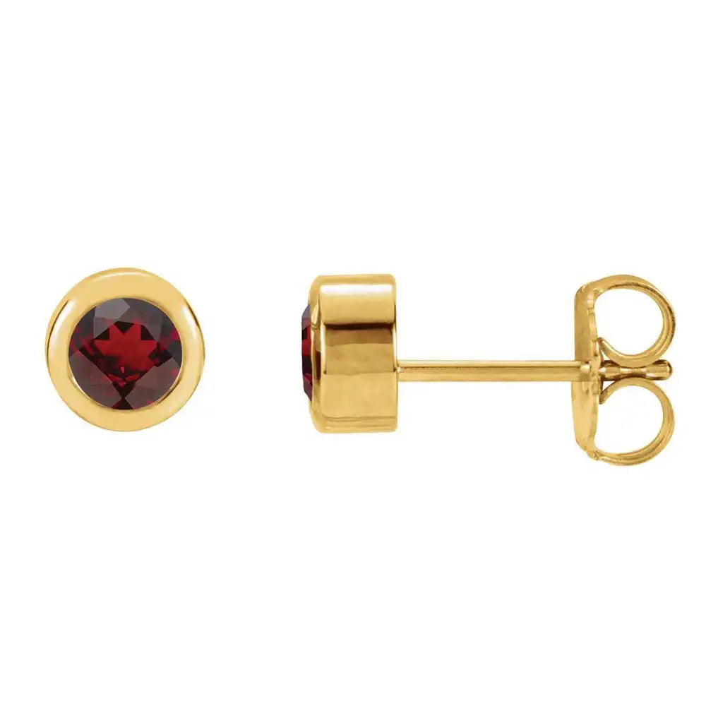 Garnet bezel stud earrings side view in 14K yellow gold variant--14K-yellow-gold
