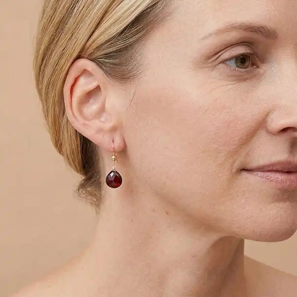 Drop earring in gold-fill shown on model variant--Garnet variant--Gold-fill, variant--Sterling-silver, variant--14K-yellow-gold, variant--14K-white-gold