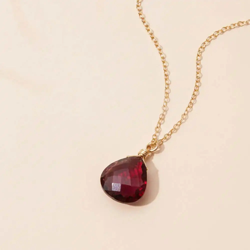 Garnet drop necklace in gold-fill, genuine garnet pendant