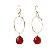Garnet gemstone hoop earrings in 14K gold-fill, hand-cut deep red stone, handmade in the USA