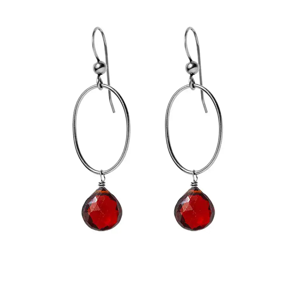 Garnet gemstone hoop earrings in oxidized silver, hand-cut deep red stone, handmade in the USA variant--Oxidized-sterling-silver