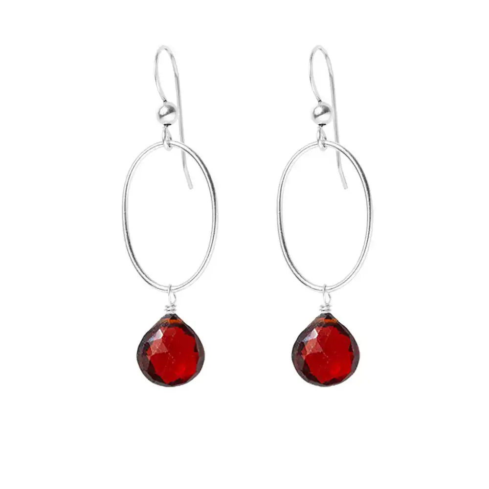 Garnet gemstone hoop earrings in sterling silver, hand-cut deep red stone, handmade in the USA variant--Garnet variant--Sterling-silver