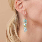 Gemstone cascade earrings worn on ear for scale