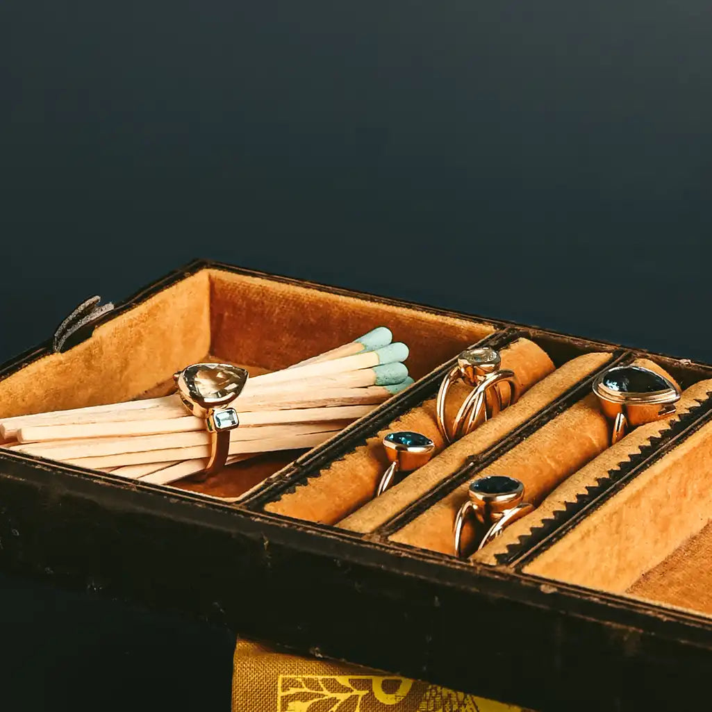 Side view of blue and green cocktail rings