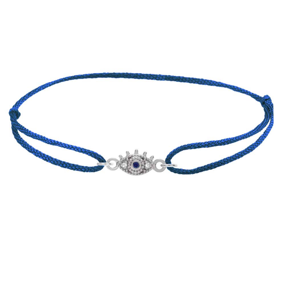 Gift-ready evil eye talisman bracelet on silk cord white gold variant--Sapphire variant--14K-white-gold
