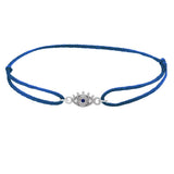 Gift-ready evil eye talisman bracelet on silk cord white gold variant--Sapphire variant--14K-white-gold