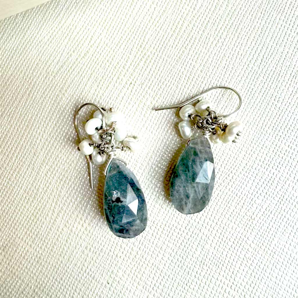 Labradorite gemstone cluster drop earring in gold-fill, product view variant--Labradorite