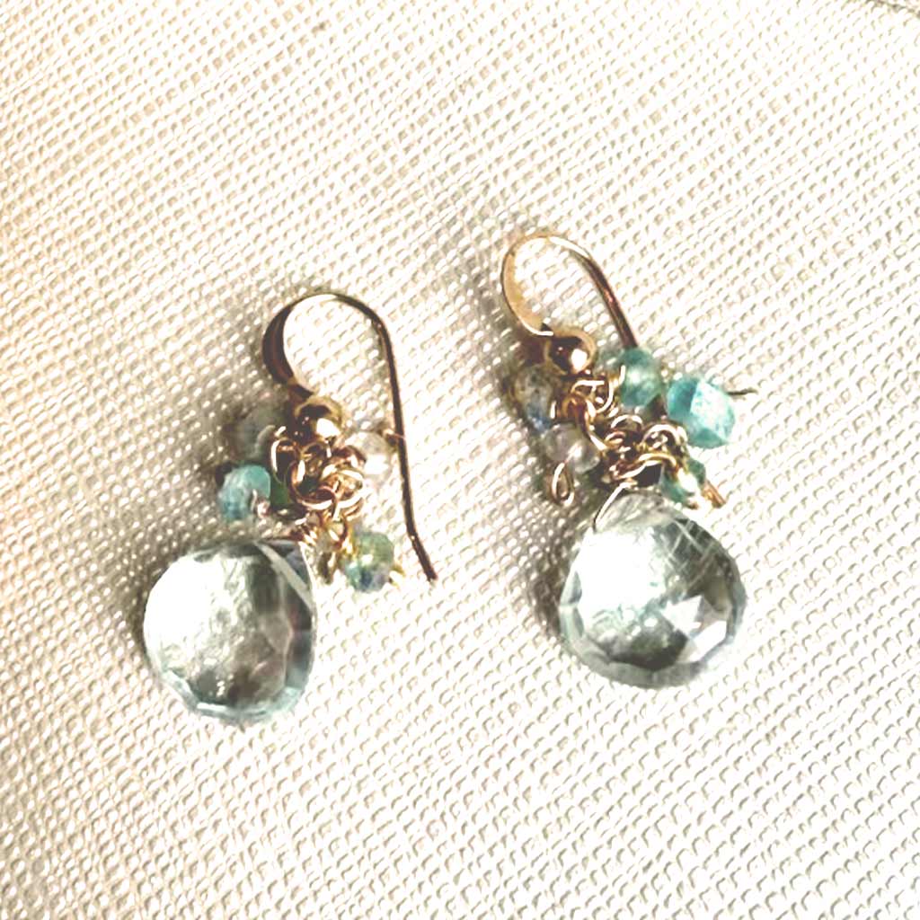 Prehnite gemstone cluster drop earring in gold-fill, product view variant--Aquamarine