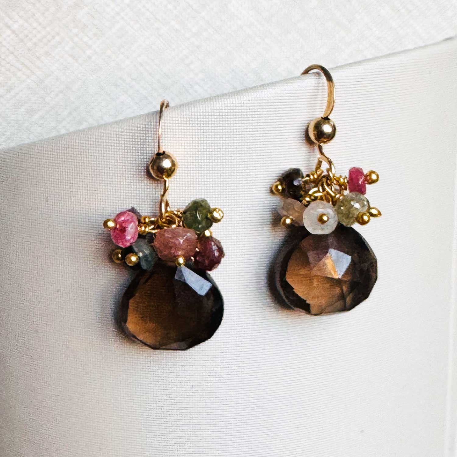 Smokey topaz gemstone cluster drop earring, product view Topaz variant--Smokey-Topaz