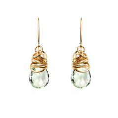 Green amethyst dangle earrings in 14K gold-fill, pale mint-green prasiolite stone in warm gold bezel setting
