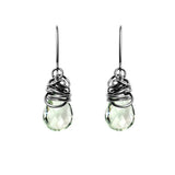 Green amethyst dangle earrings in oxidized sterling silver, pale green stone in dark patina bezel variant--Oxidized-sterling-silver