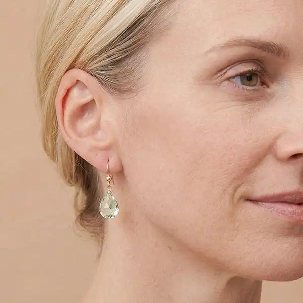 Handmade green amethyst earrings shown on model. variant--Rose-Gold-fill, variant--Gold-fill, variant--Sterling-silver, variant--14K-yellow-gold, variant--14K-white-gold, variant--Oxidized-sterling-silver,  variant--Green-amethyst