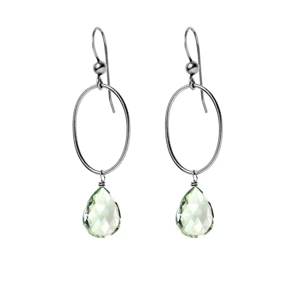 Green Amethyst gemstone hoop earrings in oxidized silver, hand-cut pale green stone, handmade in the USA variant--Oxidized-sterling-silver