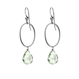 Green Amethyst gemstone hoop earrings in oxidized silver, hand-cut pale green stone, handmade in the USA variant--Oxidized-sterling-silver