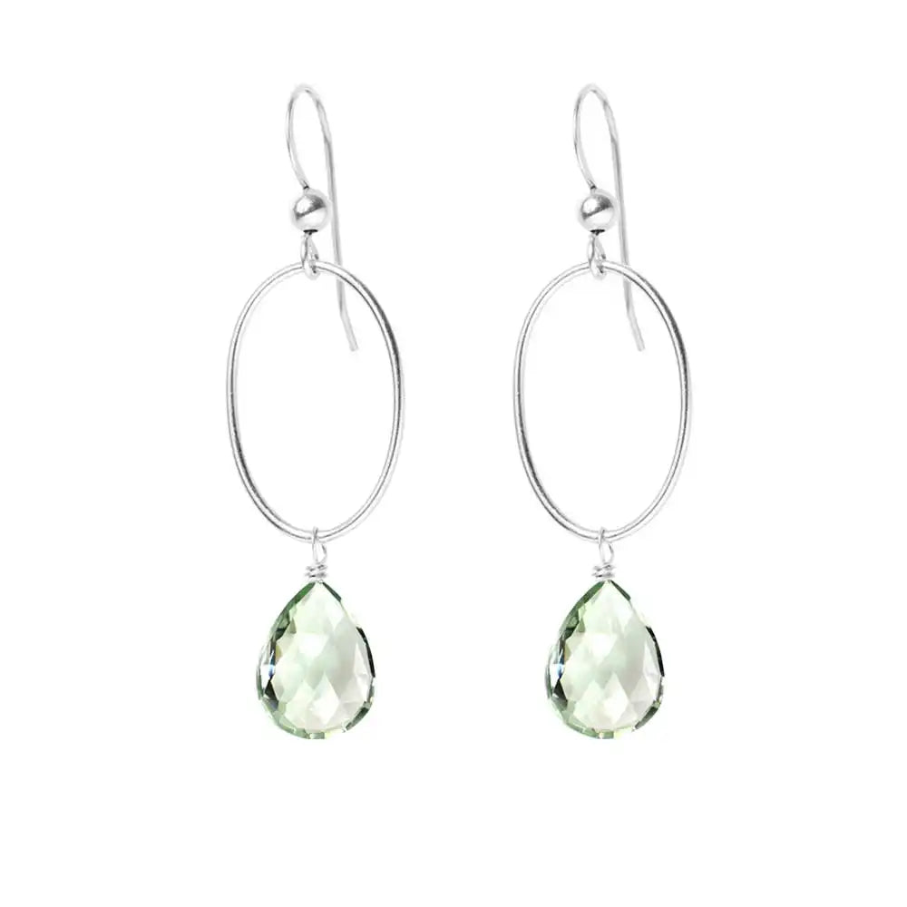 Green Amethyst gemstone hoop earrings in sterling silver, hand-cut pale green stone, handmade in the USA variant--Sterling-silver
