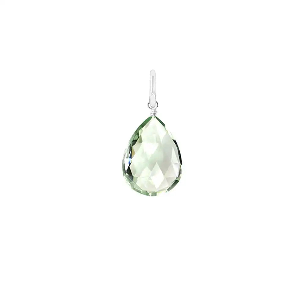 Natural green amethyst 11mm briolette charm in sterling silver, flat lay on neutral background variant--Sterling-silver variant--Large