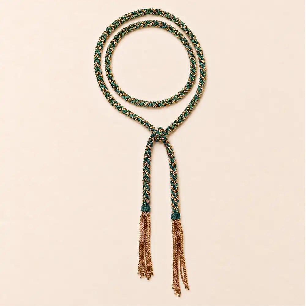 Green braided chain and silk lariat necklace in 14K gold-fill, flat lay