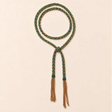 Green braided chain and silk lariat necklace in 14K gold-fill, flat lay