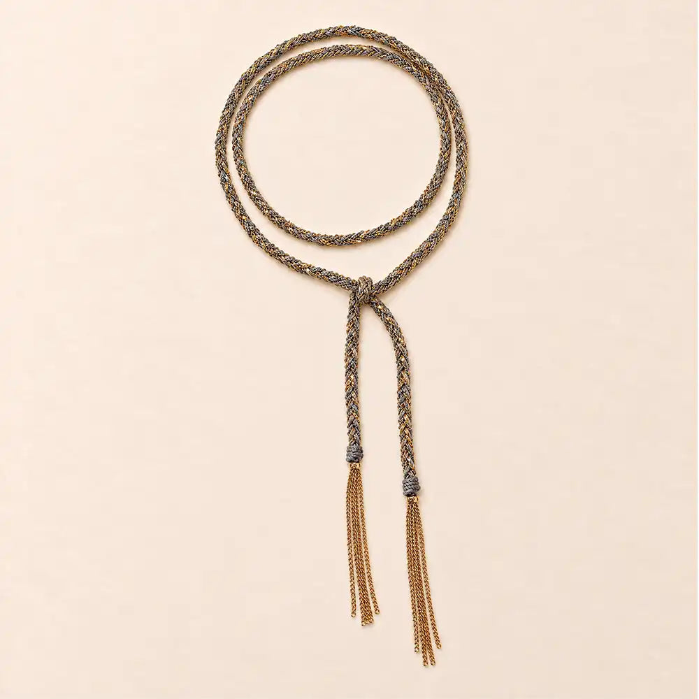 Grey braided chain and silk lariat necklace in 14K gold-fill, flat lay