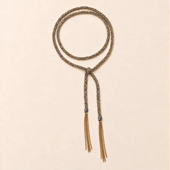 Grey braided chain and silk lariat necklace in 14K gold-fill, flat lay