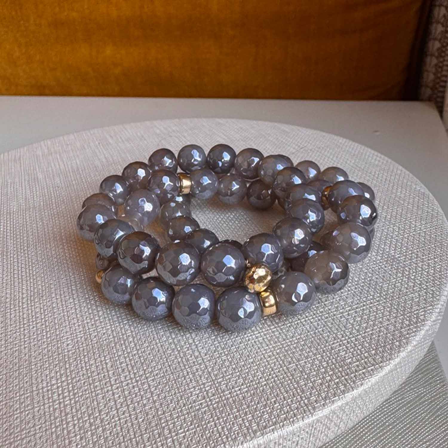 Beaded gemstone stretch bracelet with 14K gold accents variant--Onyx