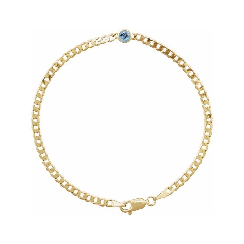 Aquamarine birthstone bracelet in 14K yellow gold curb chain.
