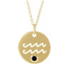 Aquarius zodiac medallion in 14K yellow gold with matching birthstone charm detail.
