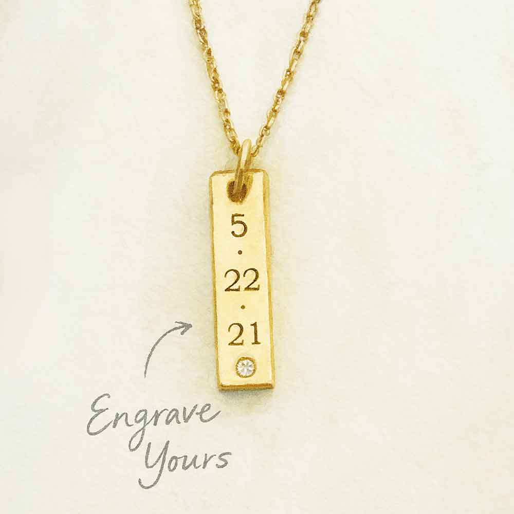 Illustrated engravable gold bar necklace with birthstone and diamond accent, showing live customization options
