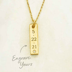 Illustrated engravable gold bar necklace with birthstone and diamond accent, showing live customization options