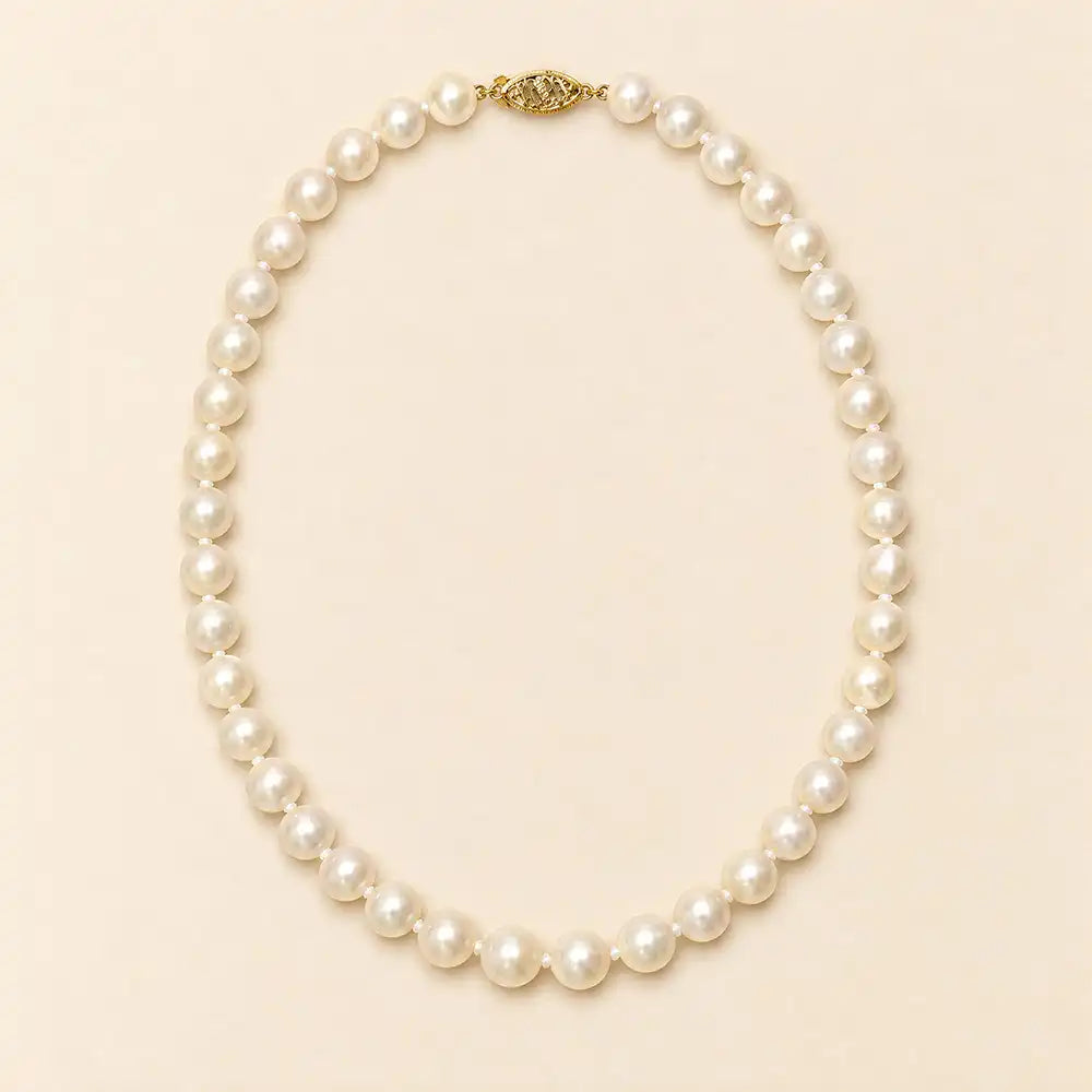 Knotted Pearl Necklace, 8-9mm white freshwater pearls with a 14K gold clasp