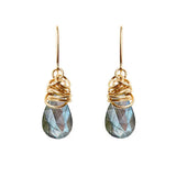 Labradorite dangle earrings in 14K gold-fill, dark gray stone with blue-green flash in warm gold bezel setting variant--Gold-fill